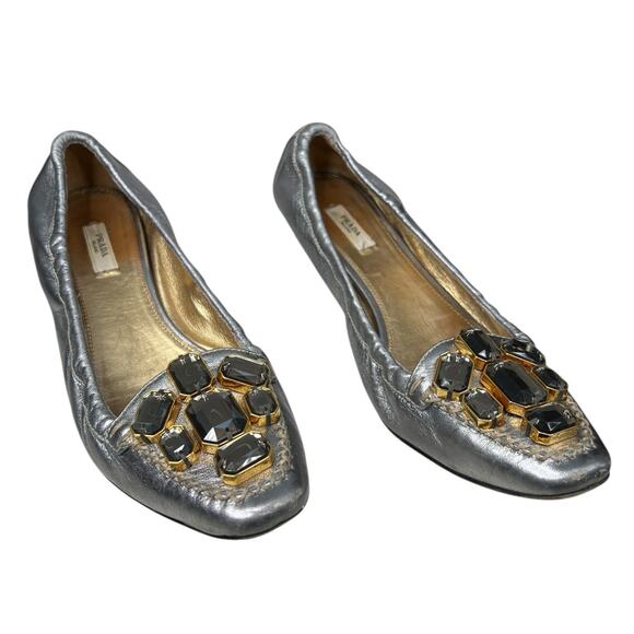 Prada Women’s Rhinestone Silver Metallic Ballet Flats Size 38.5 US 8.5 - Picture 5 of 13
